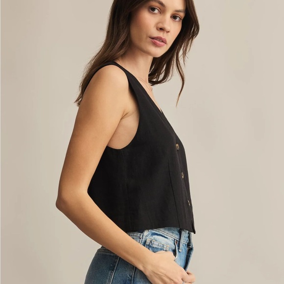 Z Supply Black Button-Front V-Neck Linen Vest - Picture 2 of 7